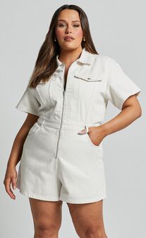 Mauriel Playsuit - Recycled Cotton Utility Playsuit in Ecru