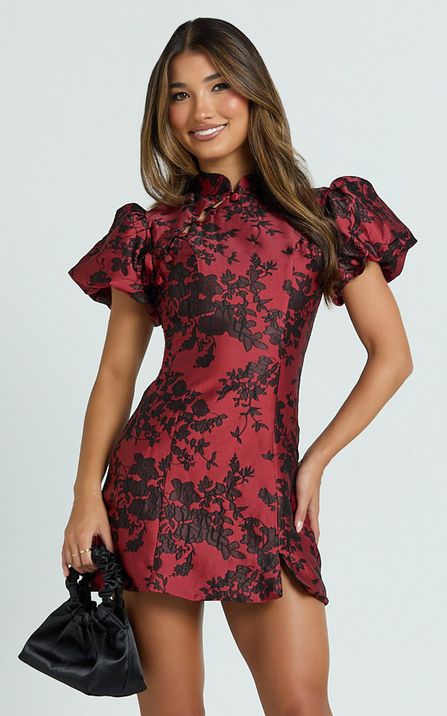 Mackay Mini Dress - Jacquard High Neck Puff Sleeve Dress in Red - 06, RED1