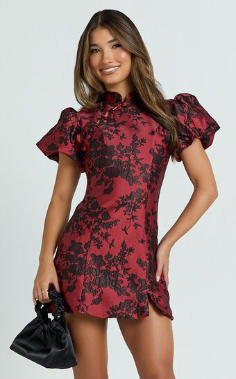 Mackay Mini Dress - Jacquard High Neck Puff Sleeve Dress in Red