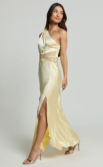 Estella Midi Dress - Asymmetrical Lace Detail Waist Slip Dress in Butter