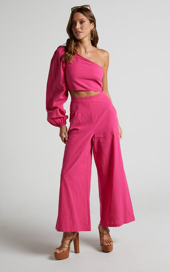 Cherira One Shoulder Top and Pant Two Piece Set in Hot Pink