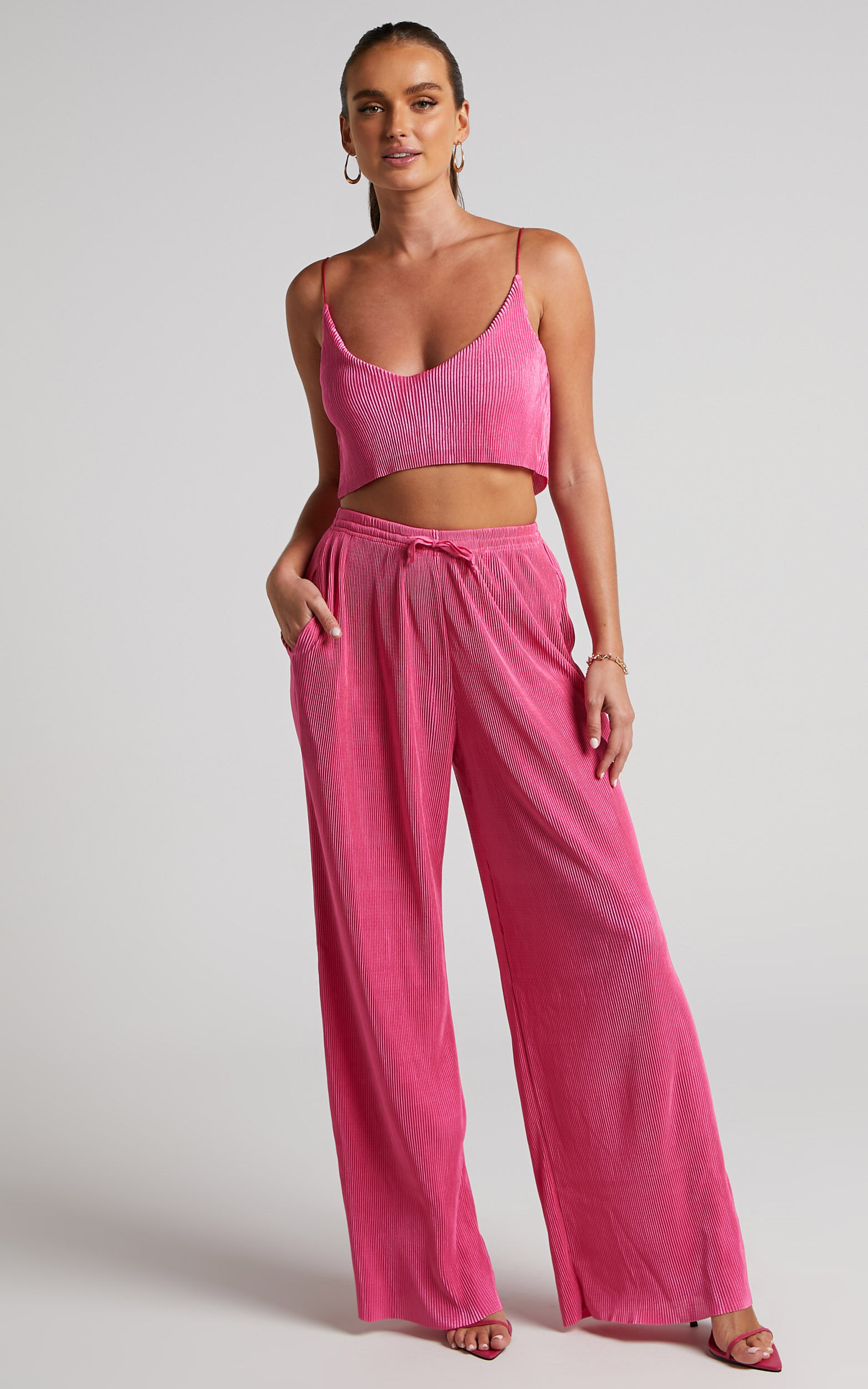 Elowen Two Piece Set Plisse Crop Top and Relaxed Wide Leg Pants Set in Pink