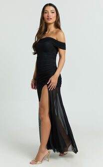 Alanna Maxi Dress - Off Shoulder Ruched Mesh Dress in Black