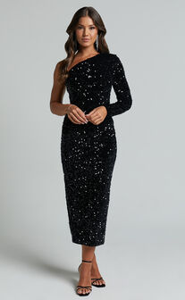 Aretha Midi Dress - One Shoulder Sequin Dress in Black