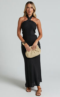 Maelynn Midi Dress - Linen Look Twist Halter Neck Low Back Slip Dress in Black