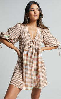 Rosita Mini Dress - Tie Front Puff Sleeve Dress in Caramel & White Gingham