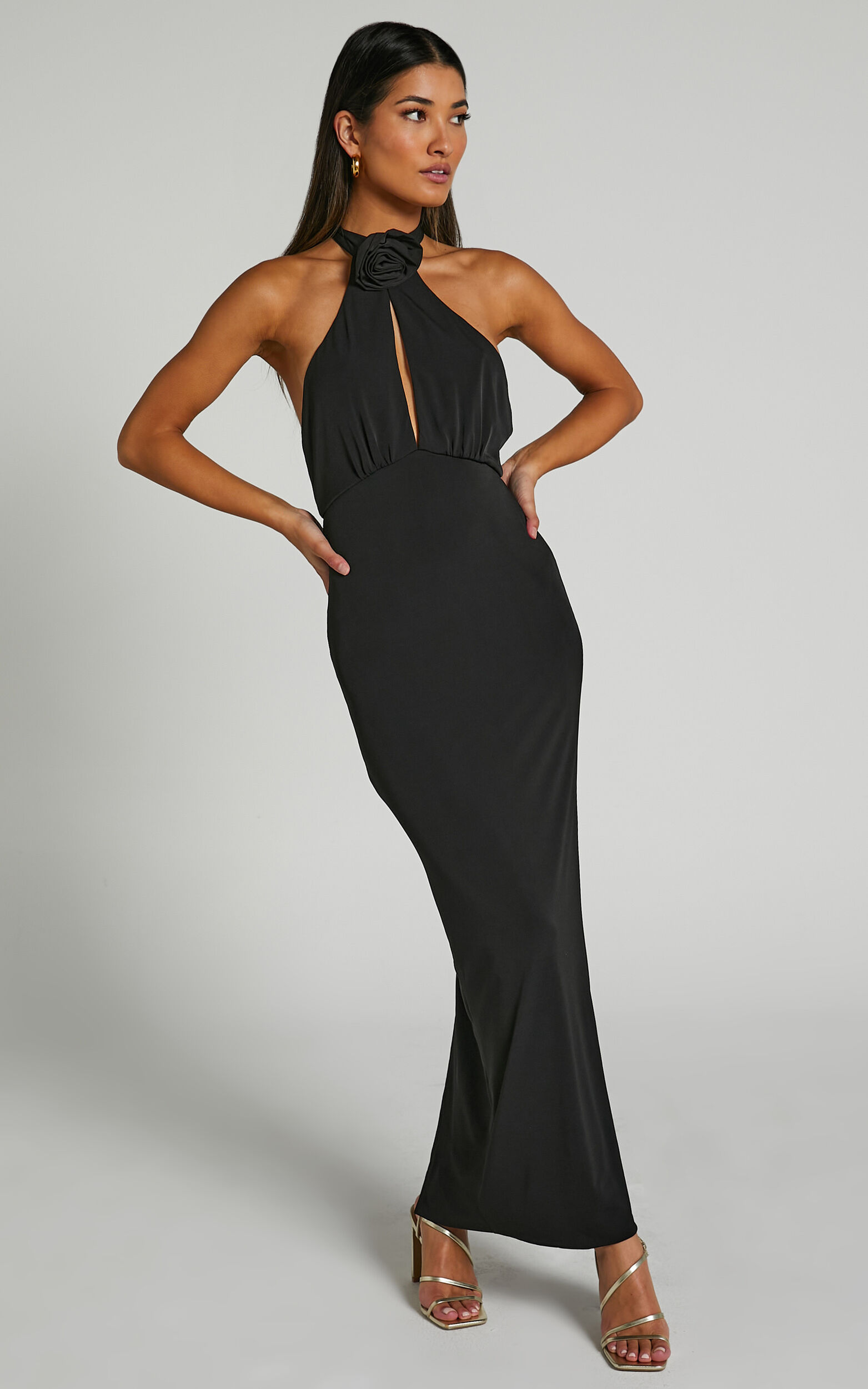 Claret Midi Dress- rosette halter Midi dress in Black - 06, BLK1