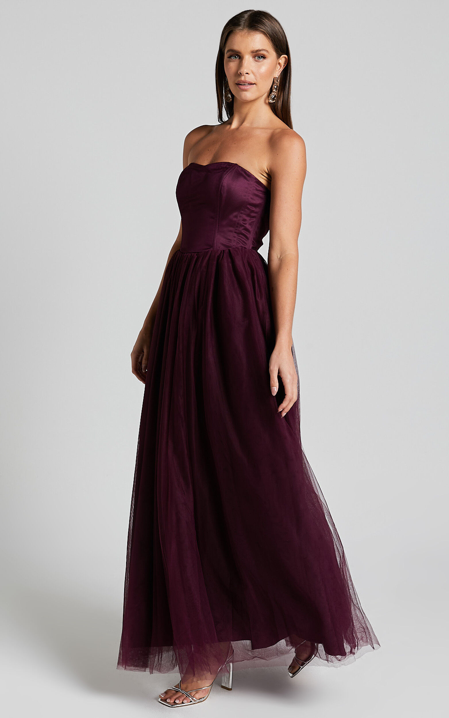 Gemma Maxi Dress Strapless Sweetheart Tulle Fit Flare in Aubergine Showpo USA