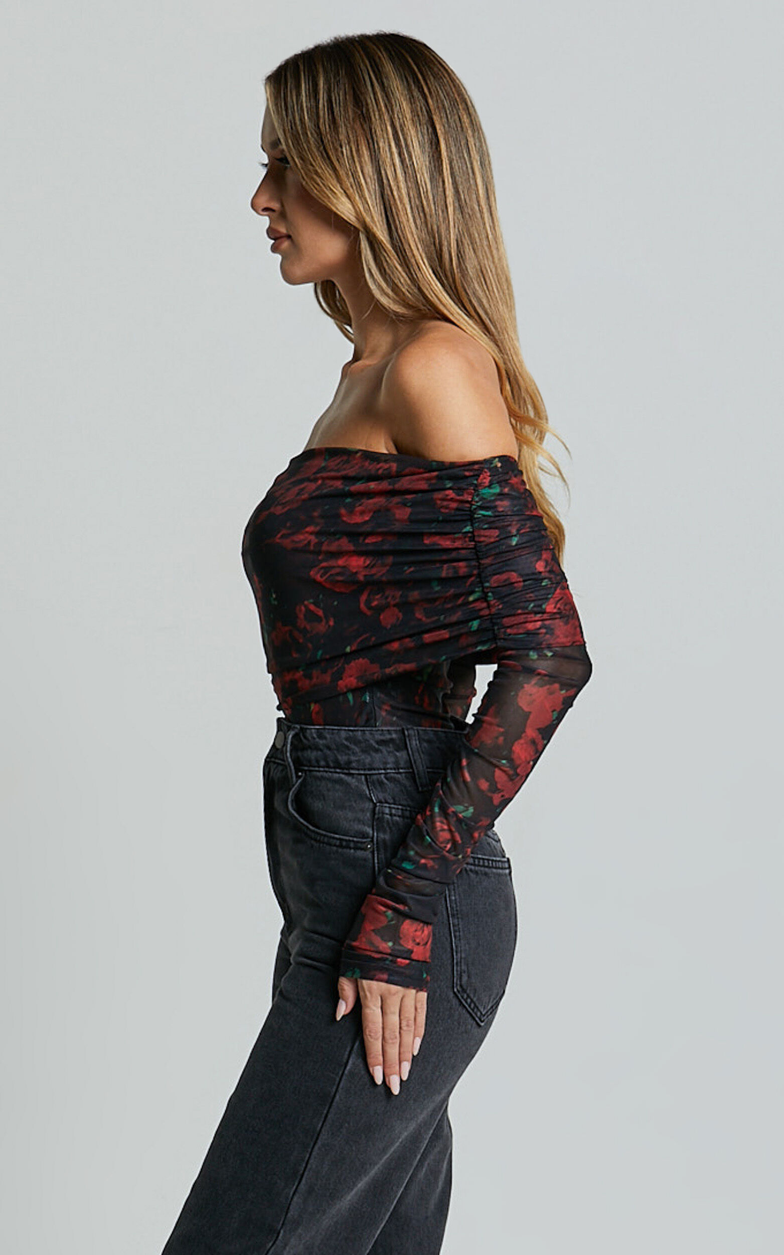 Jaythen Bodysuit - Long Sleeve Off Shoulder Ruched Mesh Bodysuit in Red ...