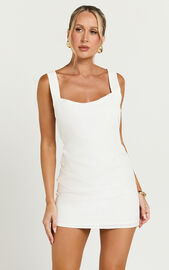 Kat Mini Dress - Linen Look Square Neck Dress in Off White | Showpo
