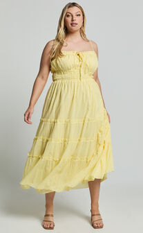 Schiffer Midi Dress - Strappy Ruched Tie Front Tiered Dress in Yellow