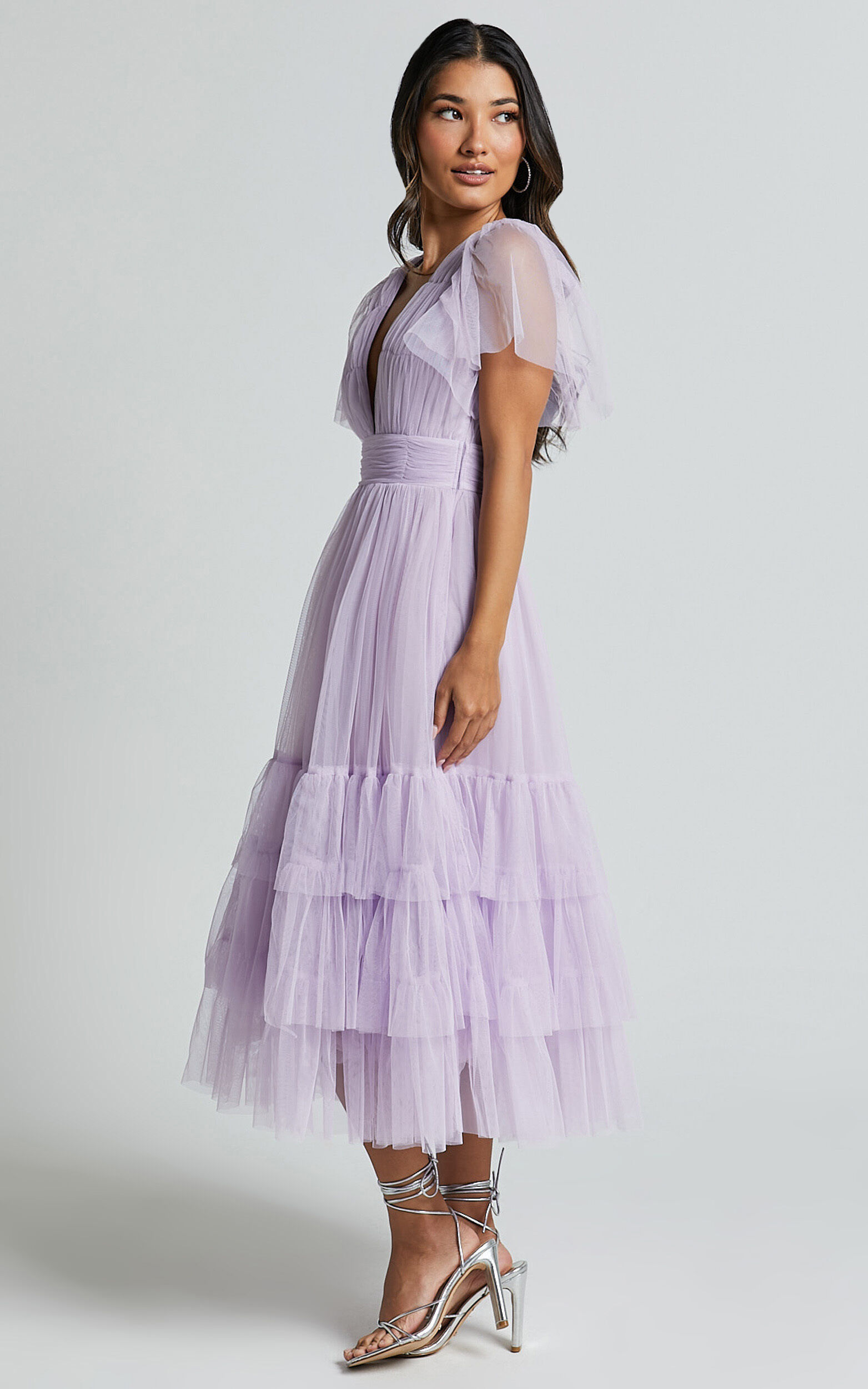 Jiraye Midi Dress - Flutter Sleeve Tuelle Plunge Dress in Lilac | Showpo