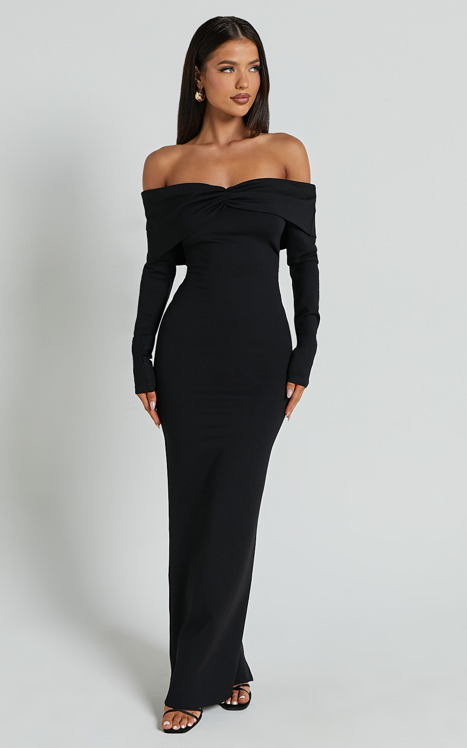 Rani Midi Dress - Off Shoulder Long Sleeve Bodycon Dress in Black ...