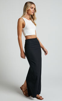 Vance Maxi Skirt - Linen Look Back Split Skirt in Black
