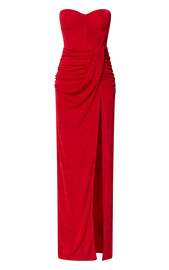 Brydie Maxi Dress - Strapless Corset Draped High Split Dress in Red ...