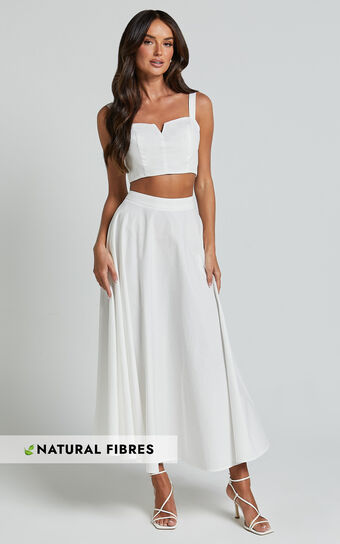 Romana Two Piece Set Crop Top and Midi Skirt in Ivory Showpo