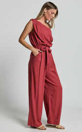 Adria Jumpsuit - Asymmetrical Short Sleeve Linen Look Jumpsuit in Clay ...