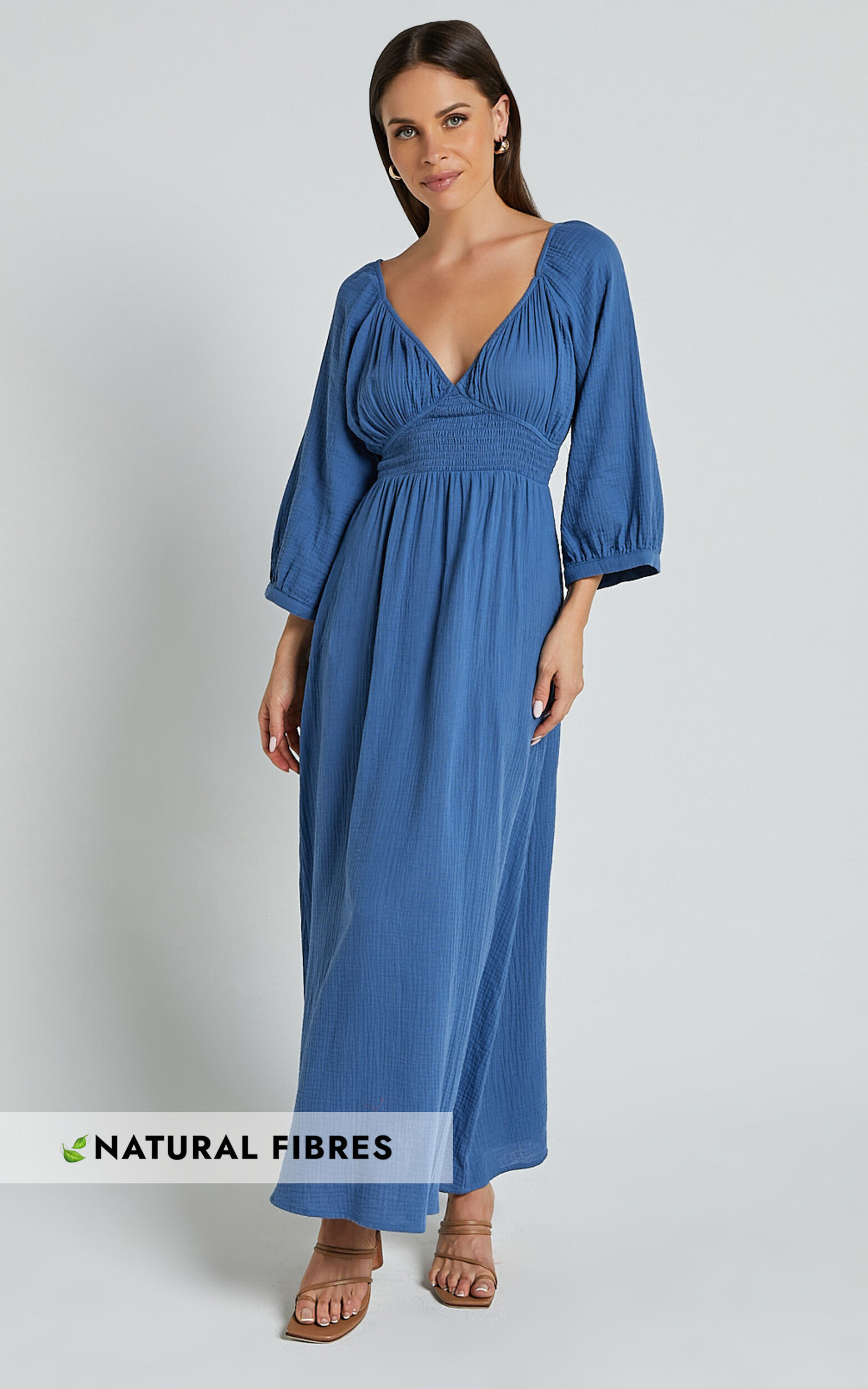 Anya Midi Dress - V Neck Long Sleeve Dress in Blue - 06, BLU1