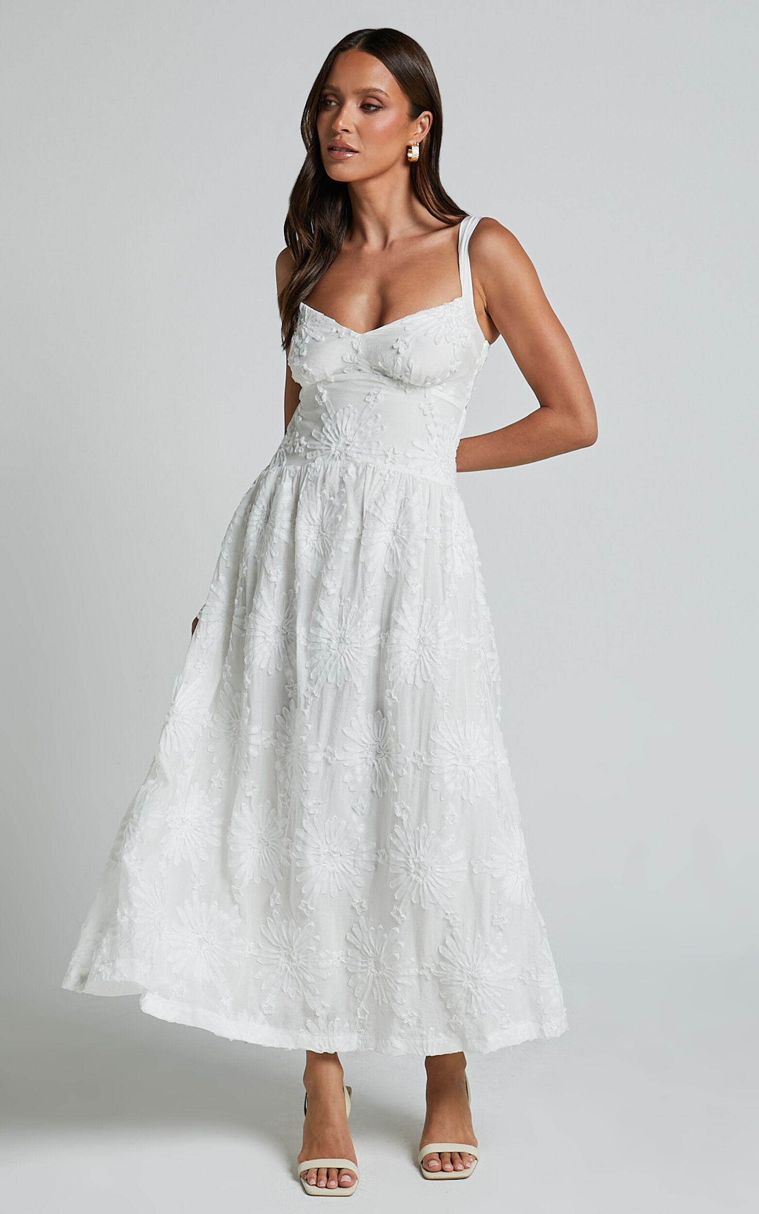 Eugene Midi Dress Wide Strap Sweetheart Bust A Line Dress in White