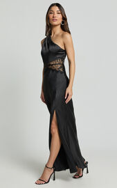 Estella Midi Dress - Asymmetrical Lace Detail Waist Slip Dress in Black ...