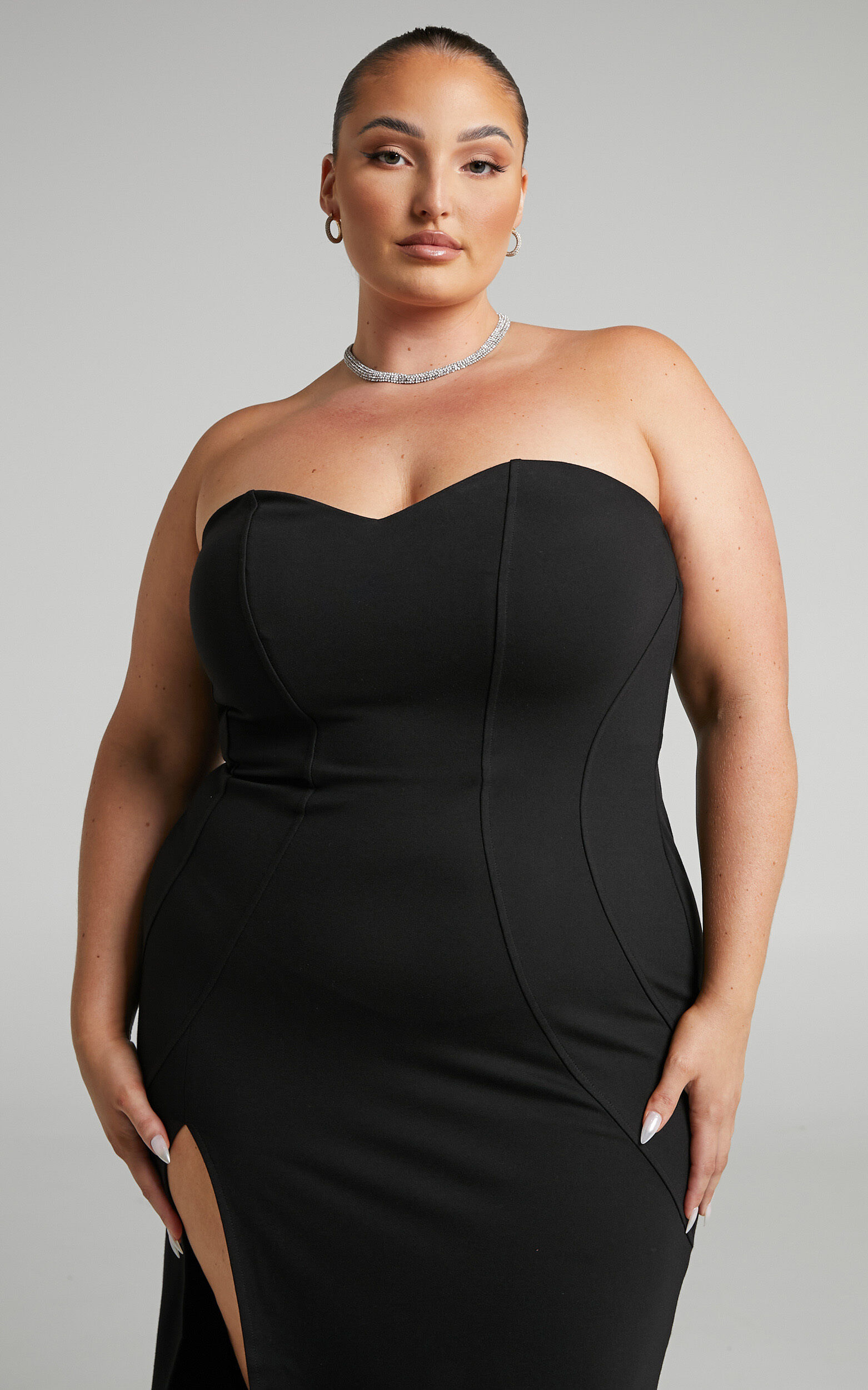 Oriella Midi Dress Panelled Thigh Split Strapless Dress in Black