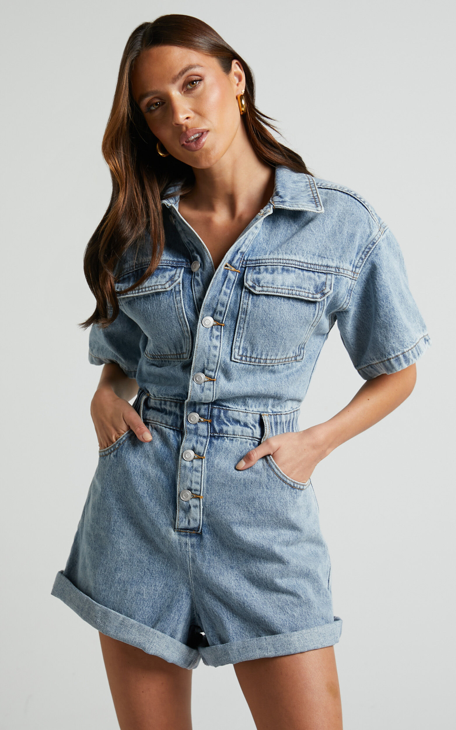 Leo Playsuit Collared Short Sleeve Button Front Denim Playsuit in Mid Blue Acid Wash Showpo