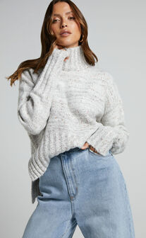 Maleesha Jumper - Oversized Turtle Neck Knit Jumper in Grey Marle