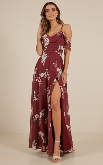 Sway Away Maxi Dress In Wine Floral 
