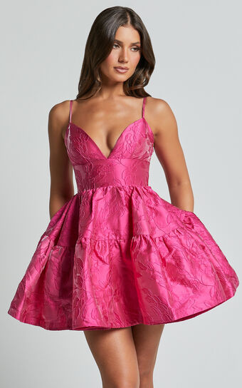 Britany Mini Dress - V Neck Tiered Strappy Tiered Fit and Flare Dress in Fuchsia