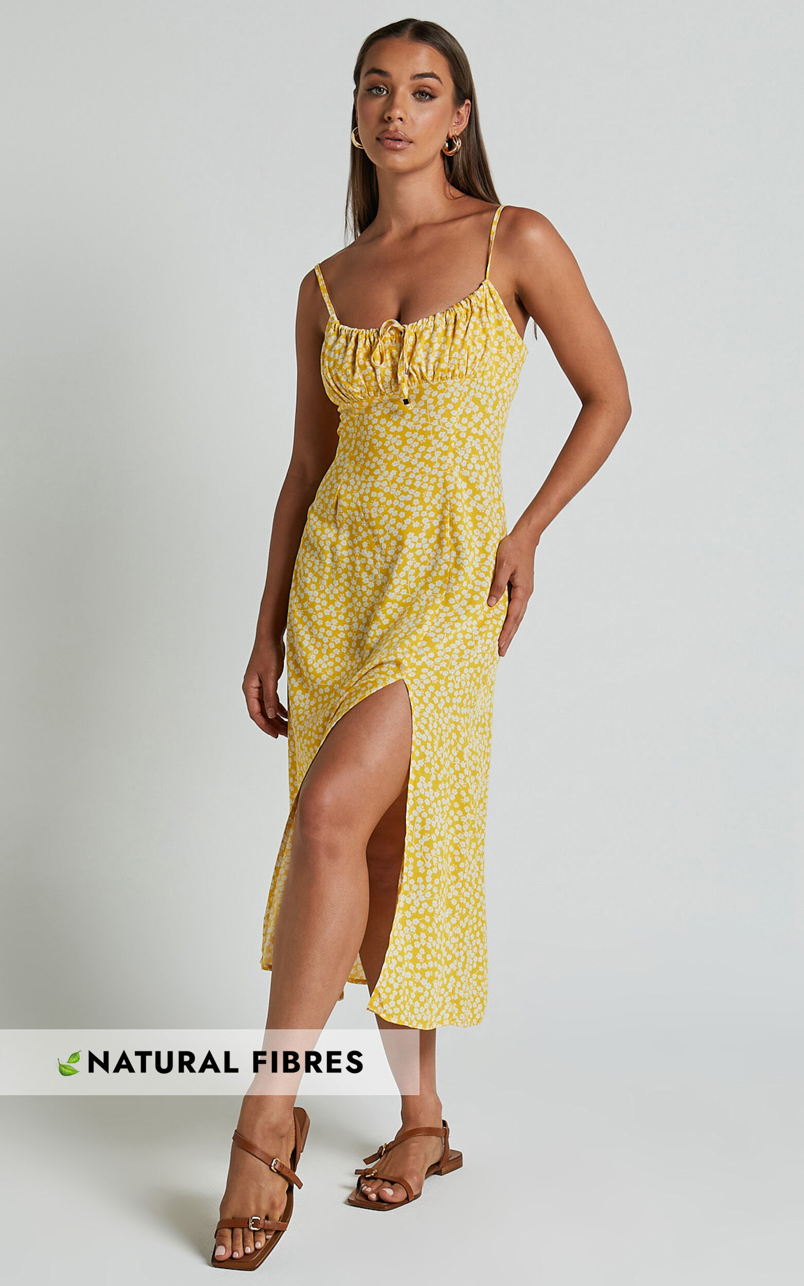 Willa Midi Dress Ruched Bust Thigh Split Dress in Yellow Floral Showpo EU