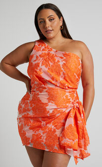 Brailey Mini Dress - One Shoulder Wrap Front Dress in Orange Jacquard