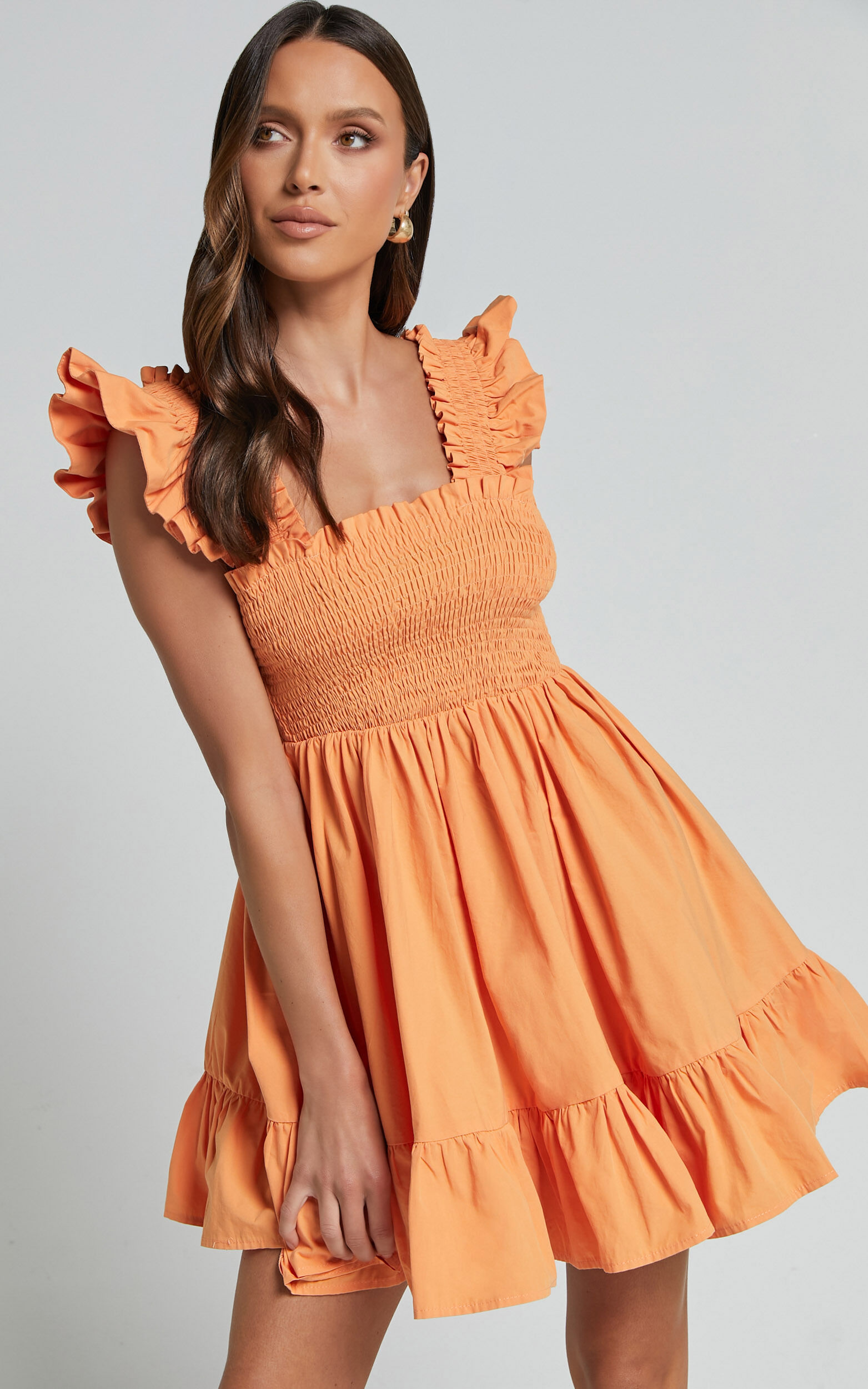 Brynlee Mini Dress - Elastic Chest Flutter Sleeve Hem Dress in Mandarin - 06, ORG1