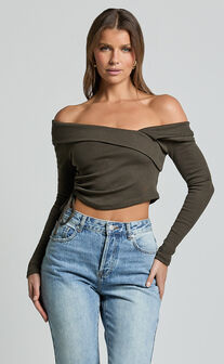 Keisha Top - Asymmetrical Long Sleeve Drawstring Top in Dark Olive