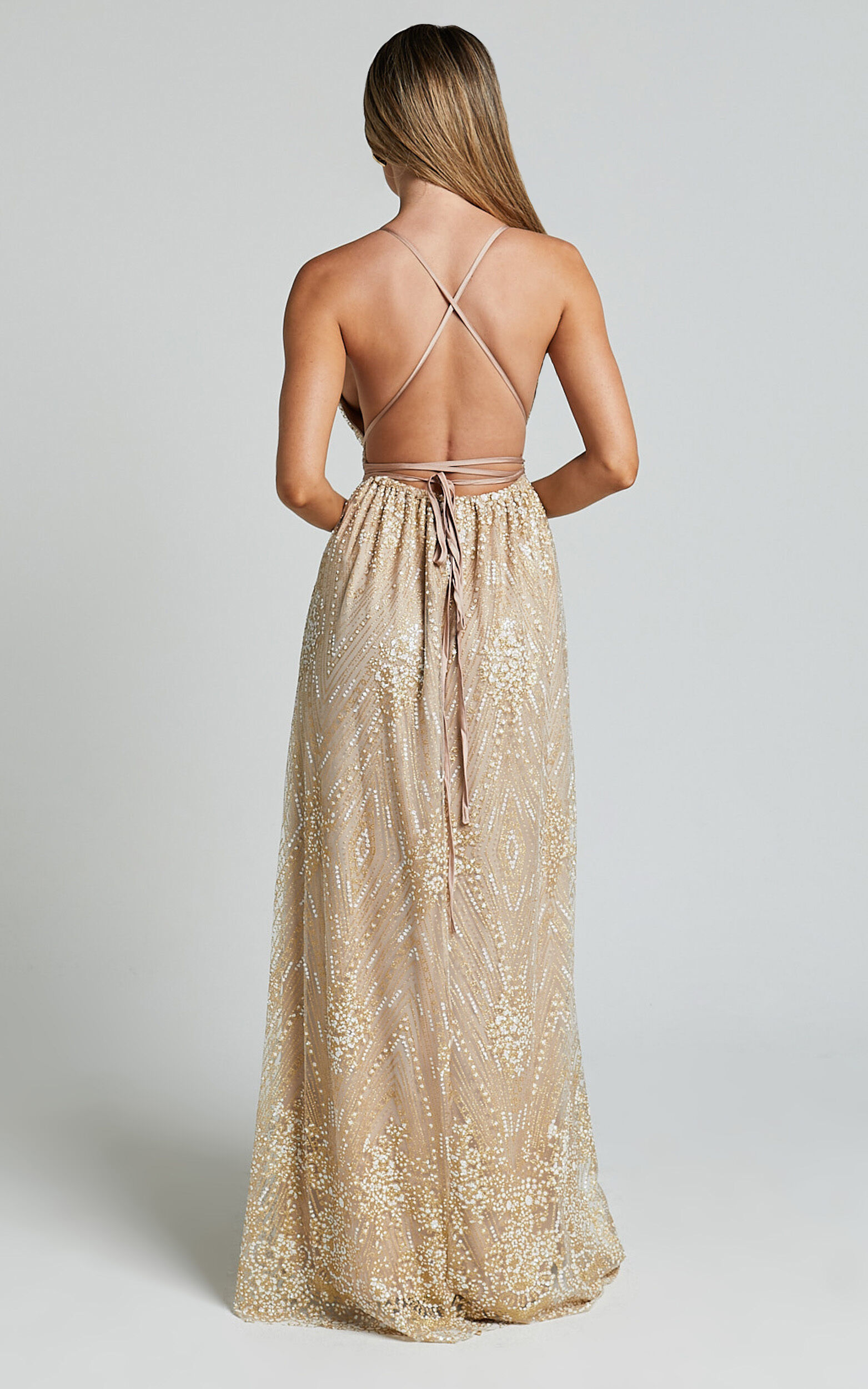 New York Nights Maxi Dress Sequin Plunge Cross Back Dress in Gold Showpo EU