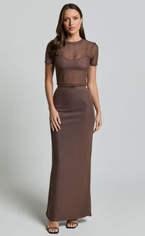 Janet Top and Skirt Two Piece Set - Short Sleeve Midi Skirt in Chocolate