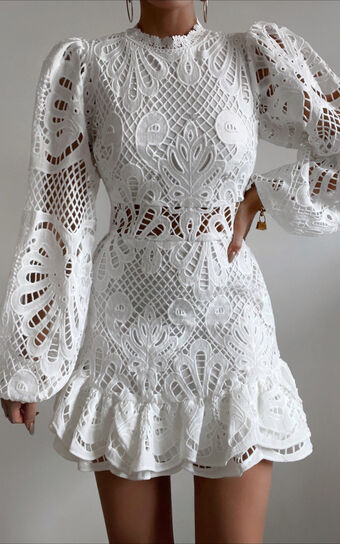 Kiss Me Now Mini Dress - Long Puff Sleeve Dress in White Lace | Showpo