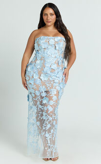 Sienna Maxi Dress - 3D Floral Strapless Column Dress in Blue