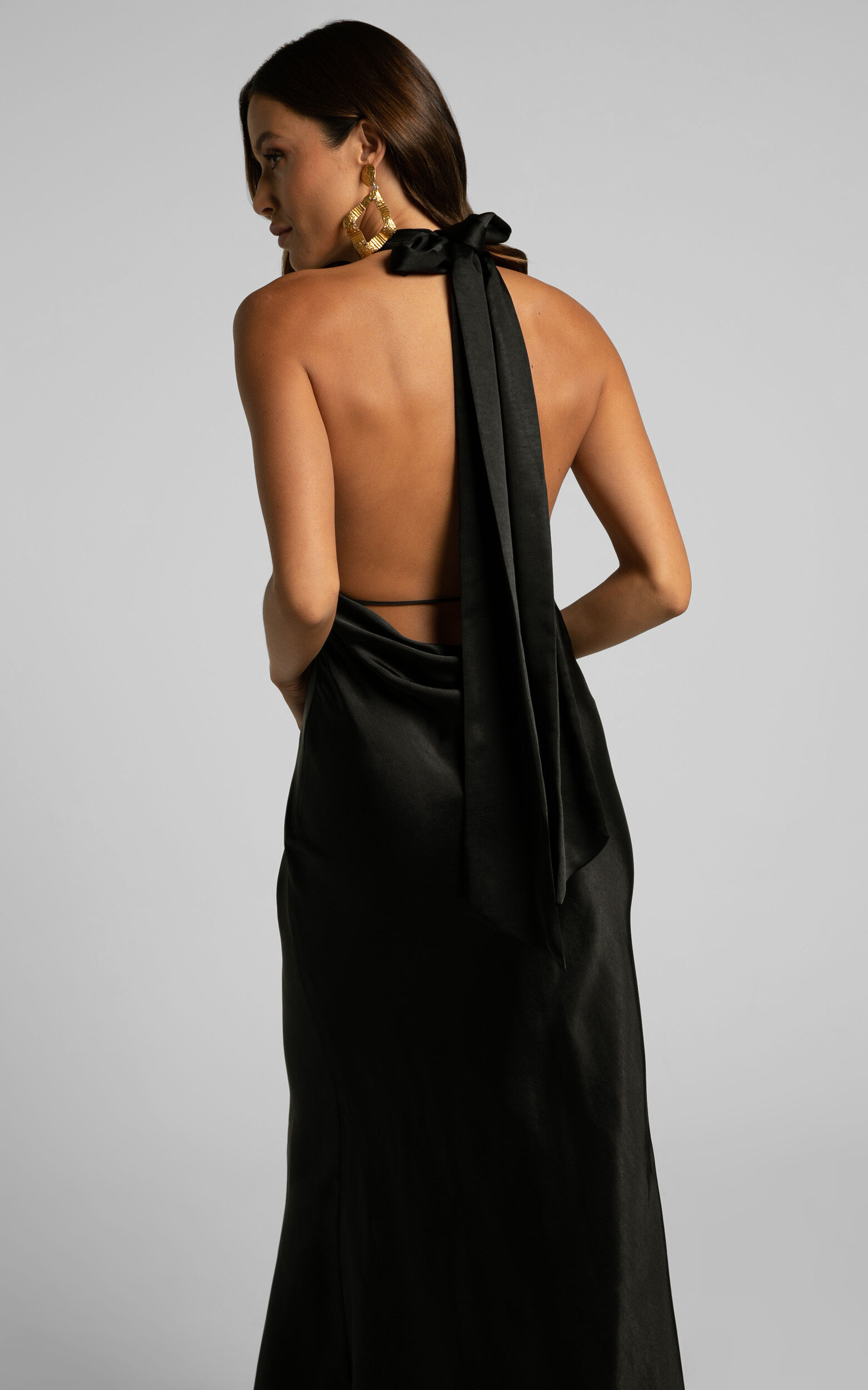 Aiyana Midi Dress Halter Neck Satin Dress in Black