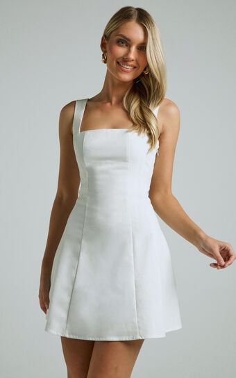 Adiana Mini Dress - Linen Look Square Neck Shirred Back A Line Dress in Off White