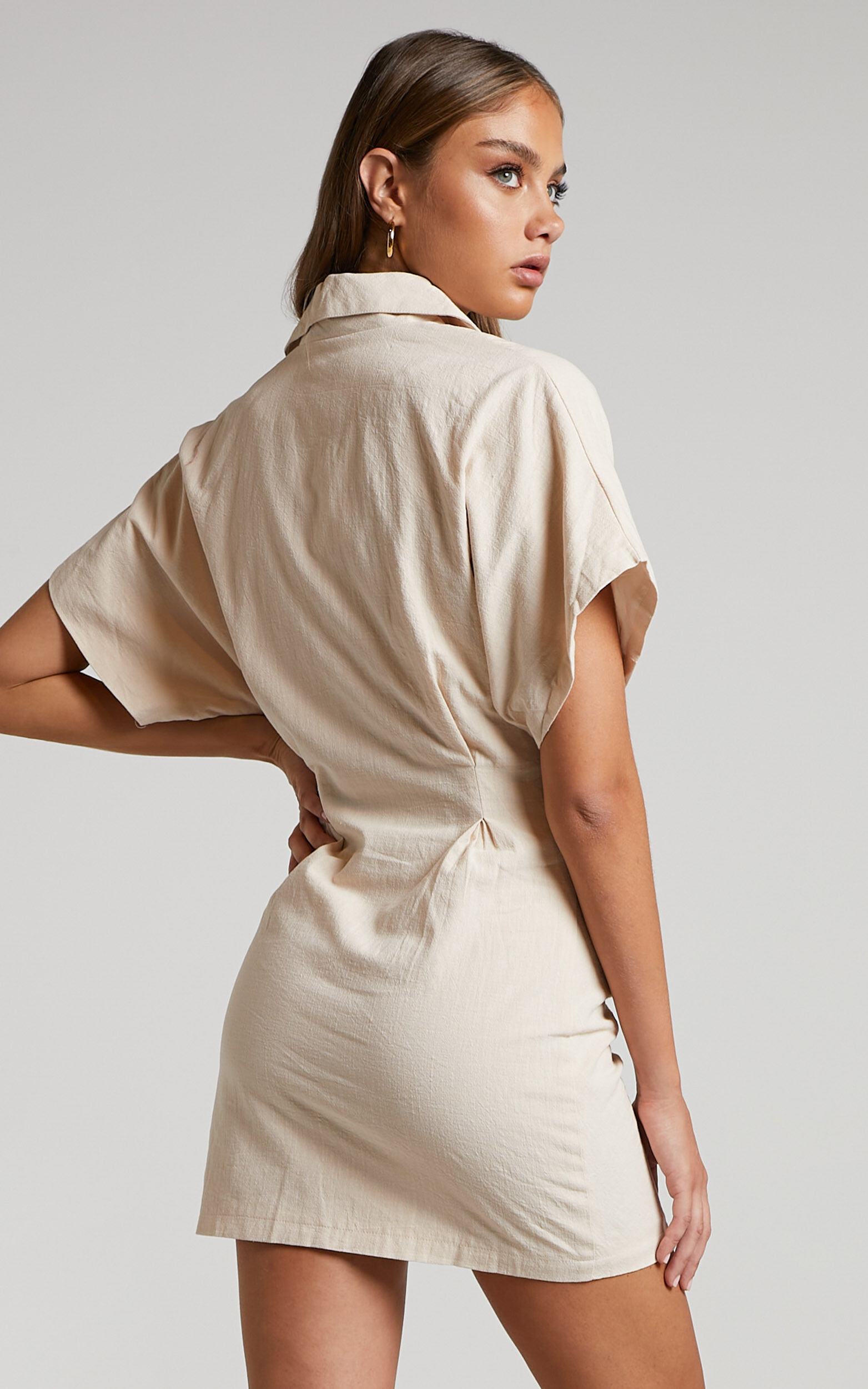 Tess blouse mini dress｜beige Beige Sweater Dress - Short Sleeve Dress - Ribbed Collared Dress