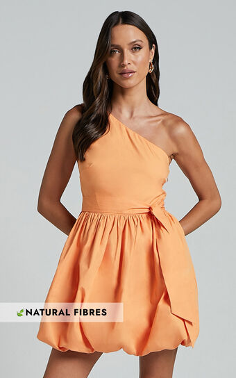 Jovette Mini Dress One Shoulder Tie Waist Bubble Hem in Apricot Showpo