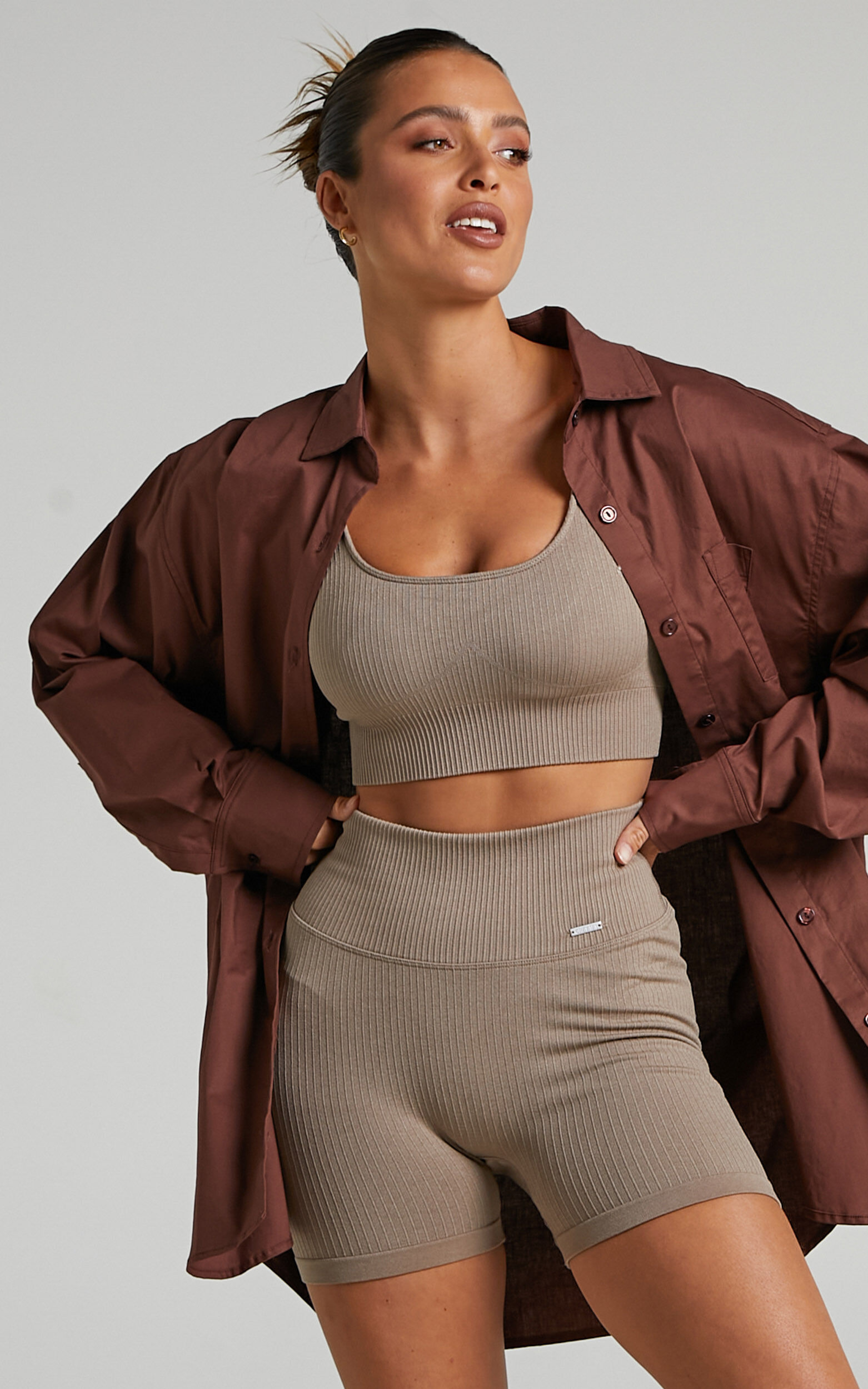 Aim'n - RIBBED MIDI BIKER SHORTS in Espresso | Showpo USA
