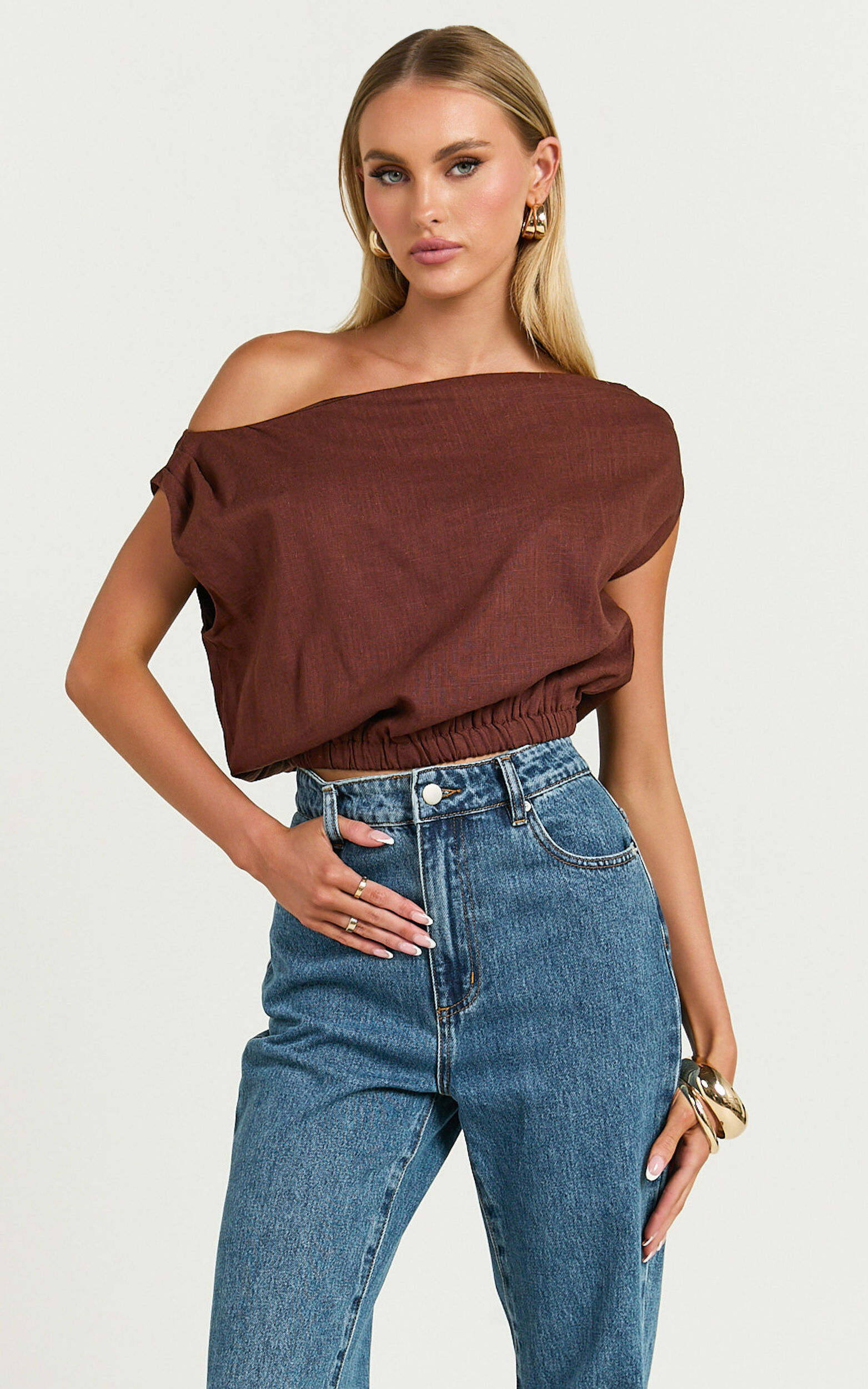 Collins Linen Blend Top - Draped Asymmetrical Neckline Top in Chocolate - 06, BRN1