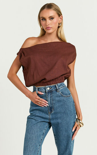 Collins Linen Blend Top - Draped Asymmetrical Neckline Top in Chocolate