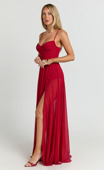 Kreanna Maxi Dress - Adjustable Strap Ruched Bodice Fit And Flare Dress in Red