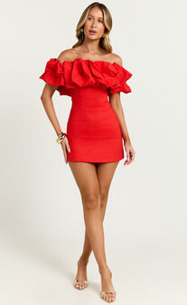 Coraline Mini Dress - Ruffle Off Shoulder Fitted Dress in Red