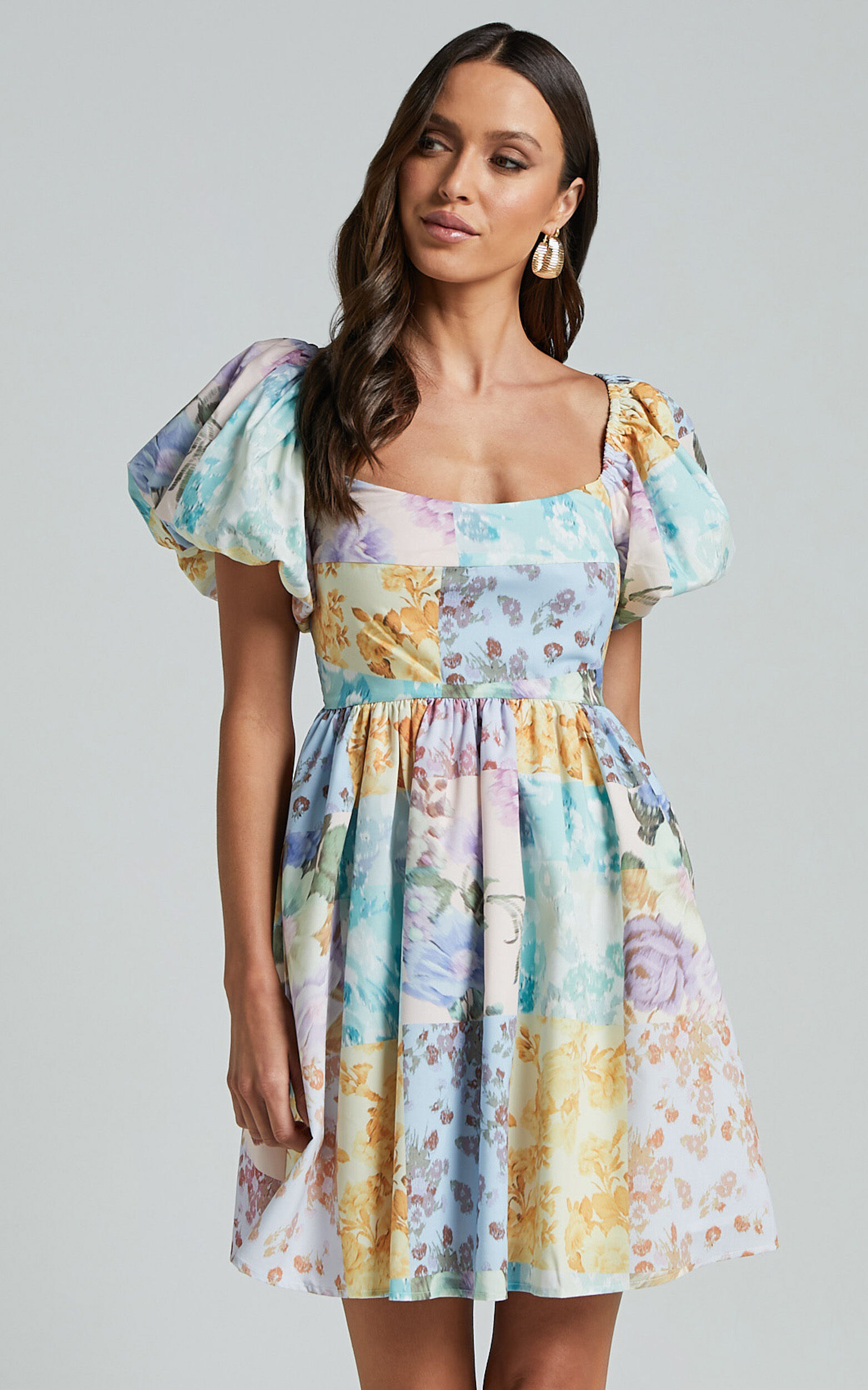 Janna Mini Dress Puff Sleeve Empire Waist Dress in Vintage Floral Showpo NZ