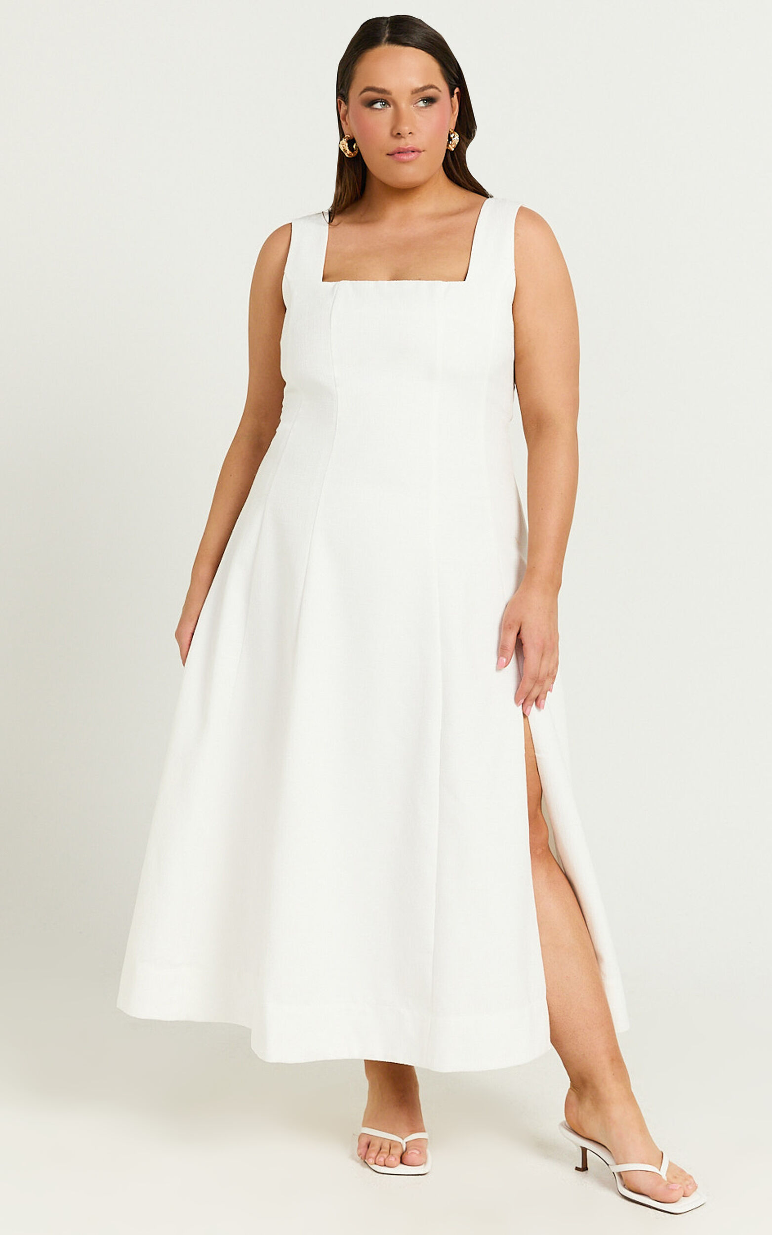Walters Midi Dress - Square Neck Shirred Back Fit and Flare Panel Dress in White | Showpo