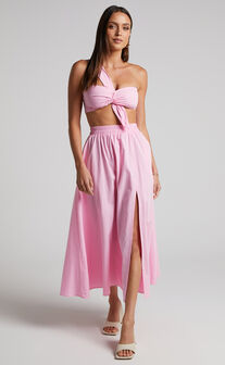 Sula Two Piece Set - One Shoulder Bralette Crop Top and Midi Skirt Set in Pink