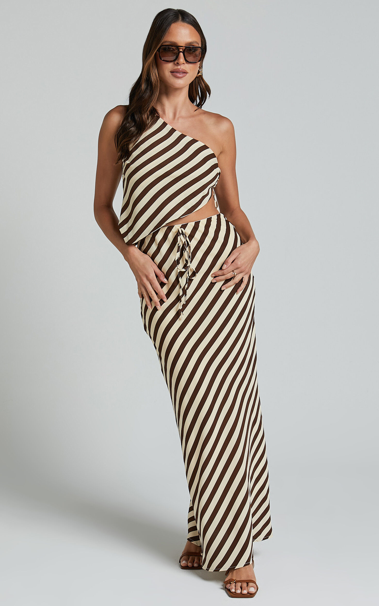 Shandy Two Piece Set - One Shoulder Side Tie Asymmetrical Top and Slip Skirt Set in Chocolate Stripe - 06, BRN1